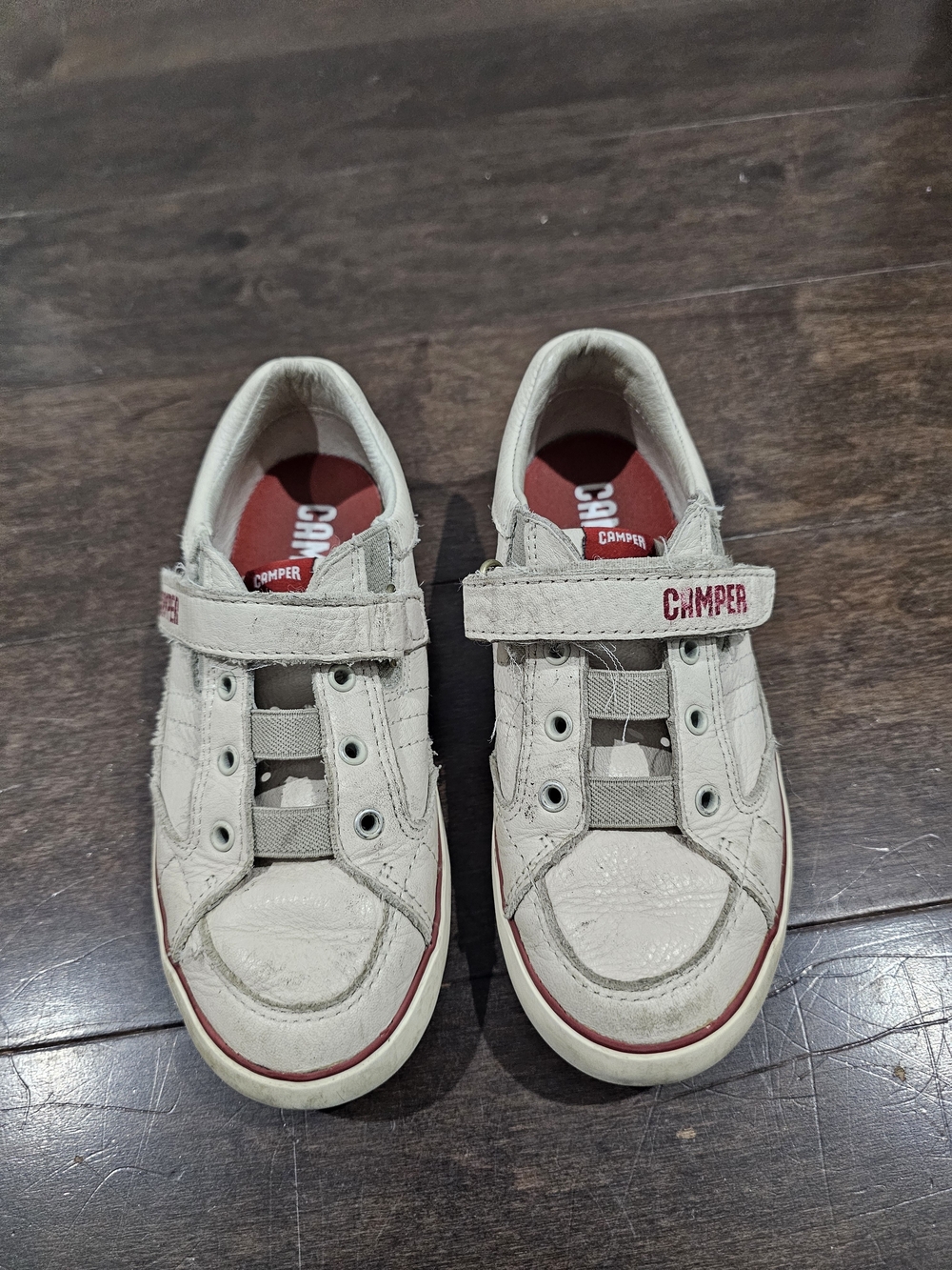 Camper Kids Off-White Leather Velcro Sneakers with Red Insole Accent